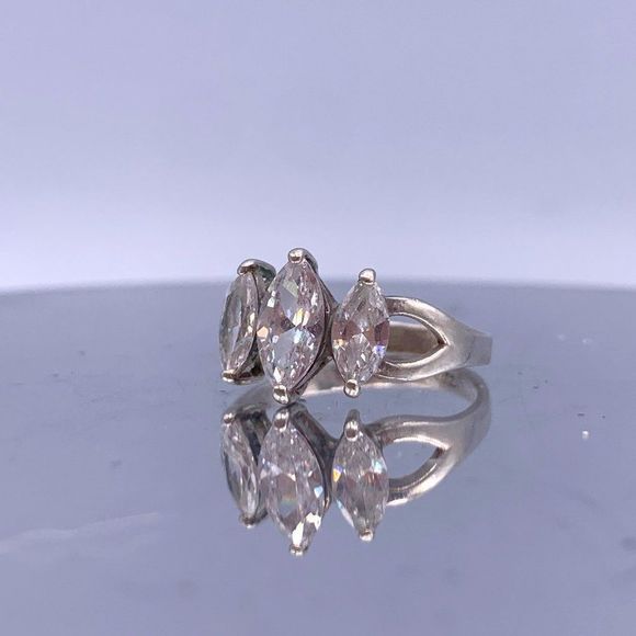 Vintage Sterling Silver Three-Stone Ring - Marquise Cut Cubic Zirconia - Picture 2 of 10